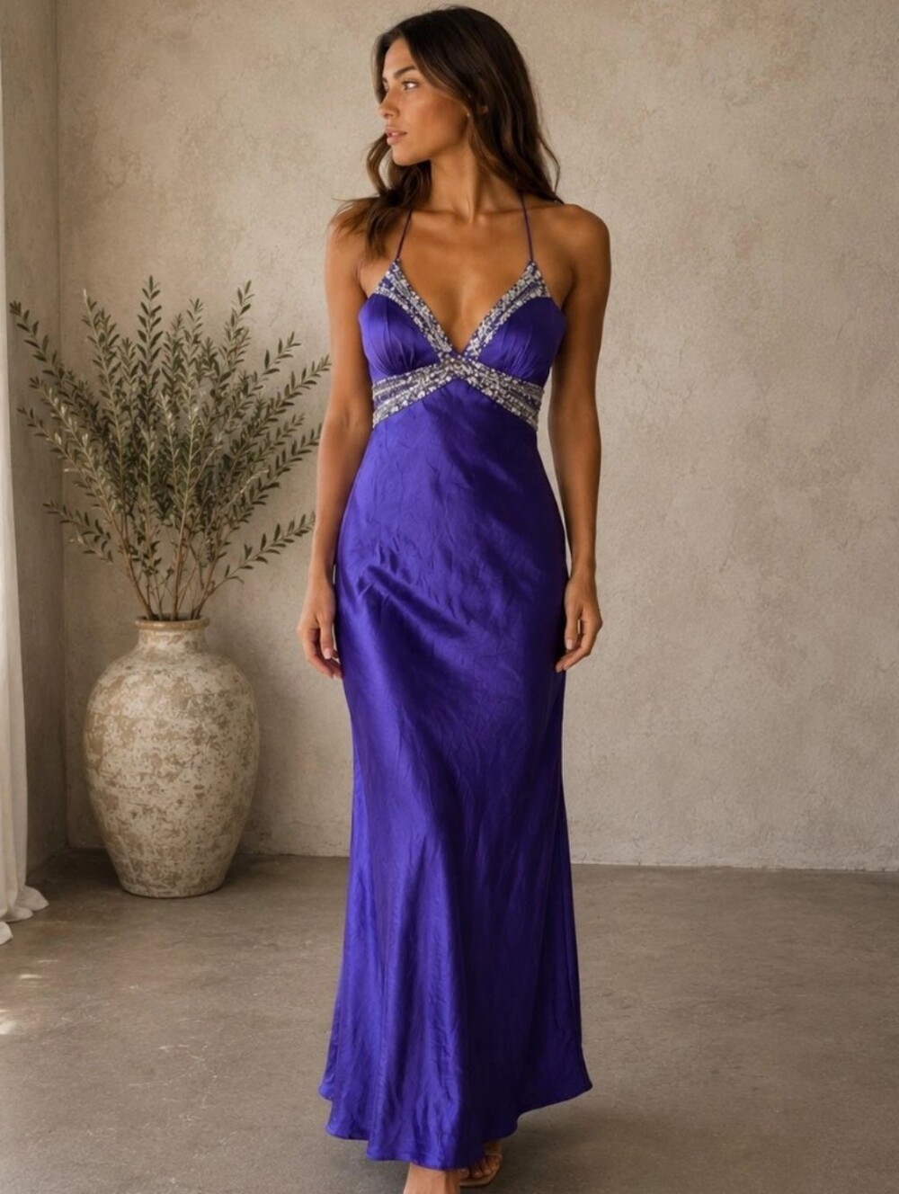 Vintage Y2K Purple Beaded Satin Slip Dress Prom Gown Size 0 Open Back Formal